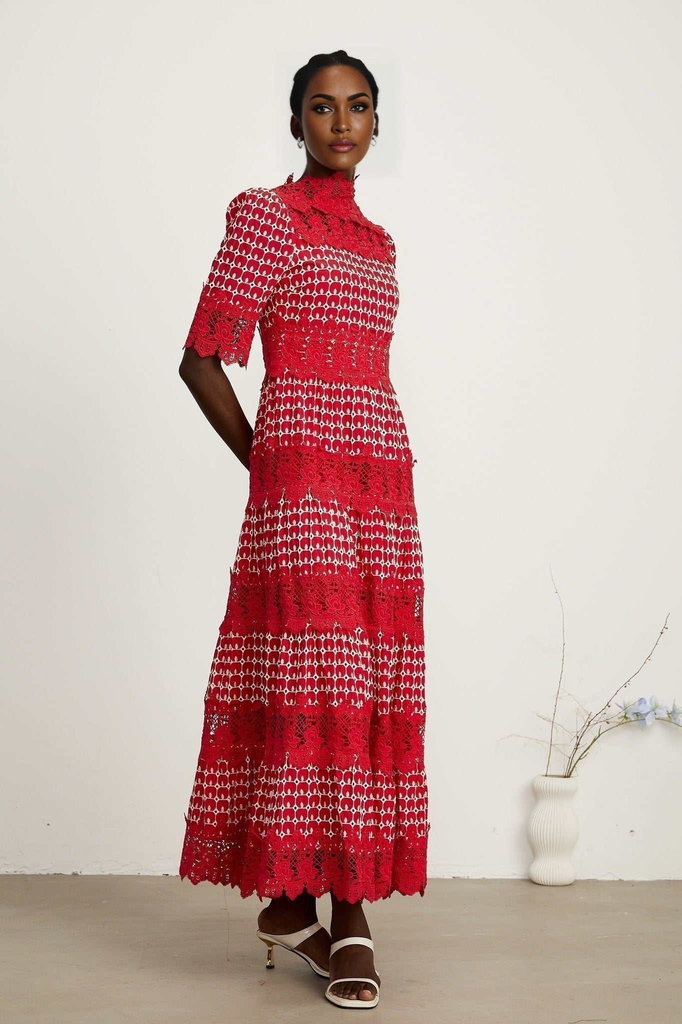 Caitlin Maxi Dress - Medium Size - Mock Neck Design - Short Sleeves - Scallop Pattern with Lace Panel Detail