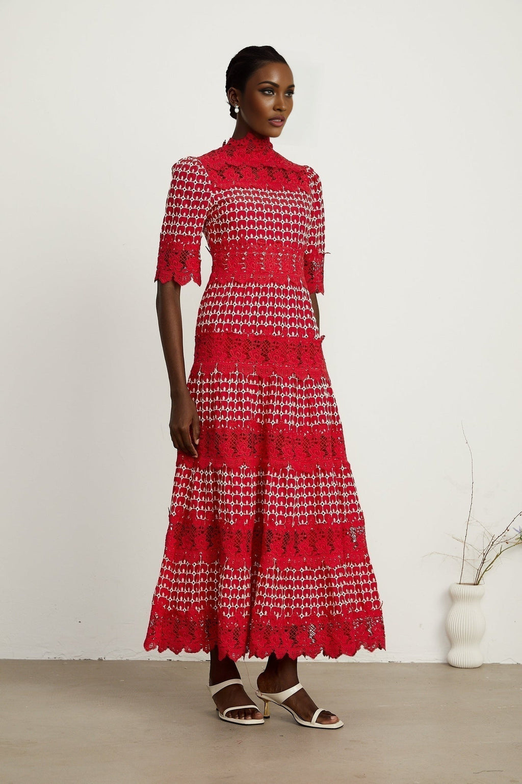Caitlin Maxi Dress - Medium Size - Mock Neck Design - Short Sleeves - Scallop Pattern with Lace Panel Detail
