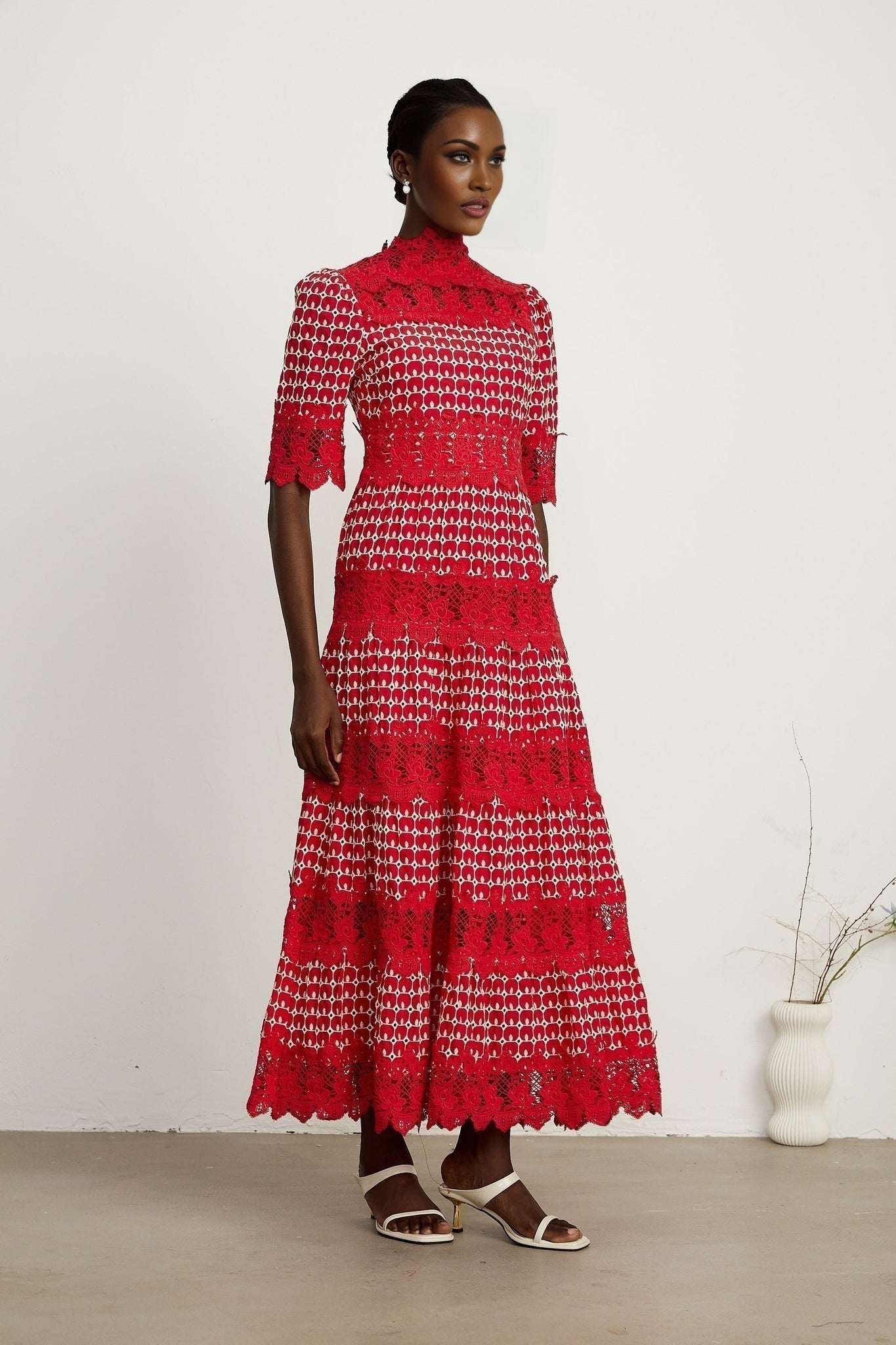 Caitlin Maxi Dress - Medium Size - Mock Neck Design - Short Sleeves - Scallop Pattern with Lace Panel Detail