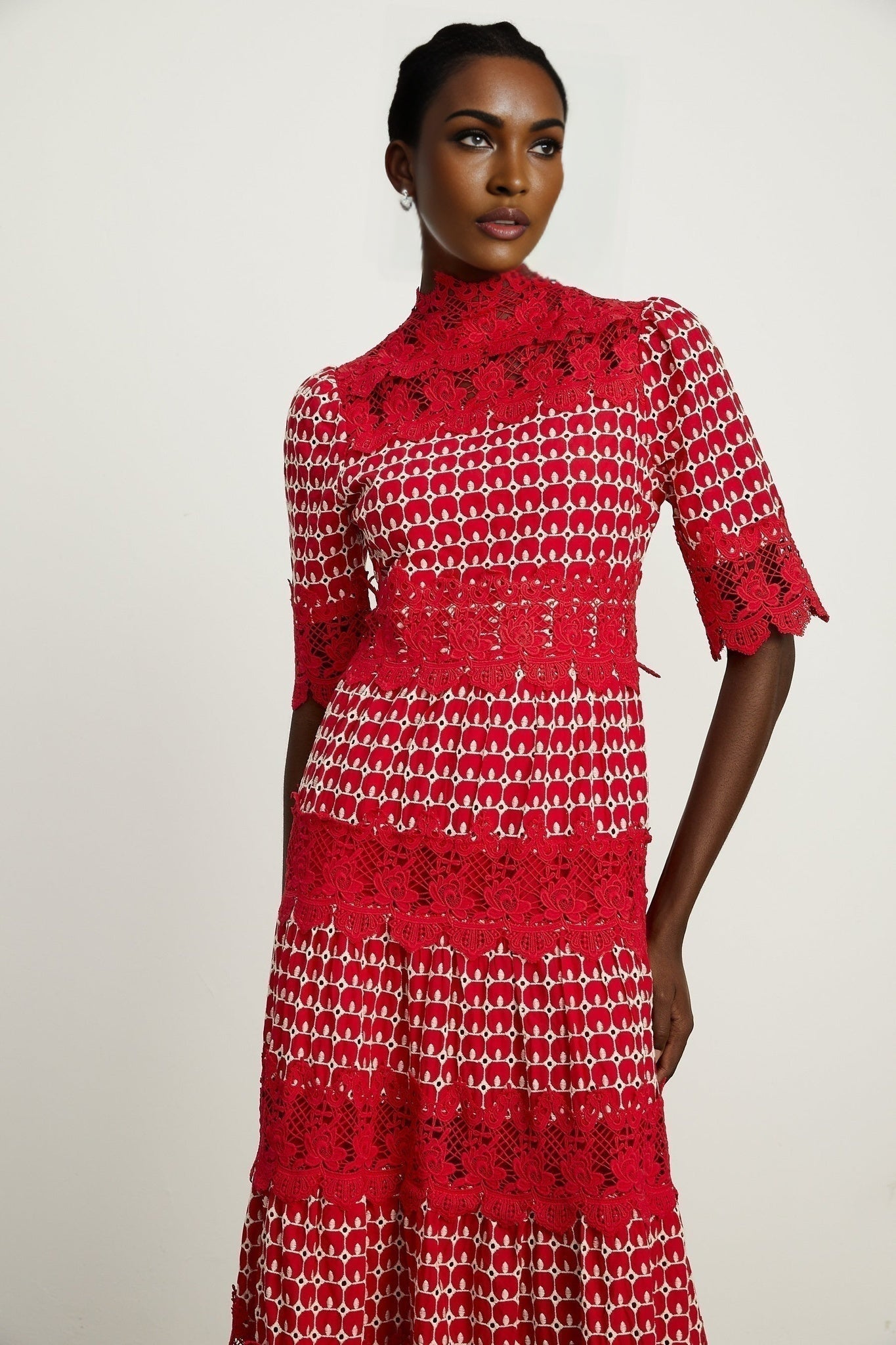 Caitlin Maxi Dress - Medium Size - Mock Neck Design - Short Sleeves - Scallop Pattern with Lace Panel Detail