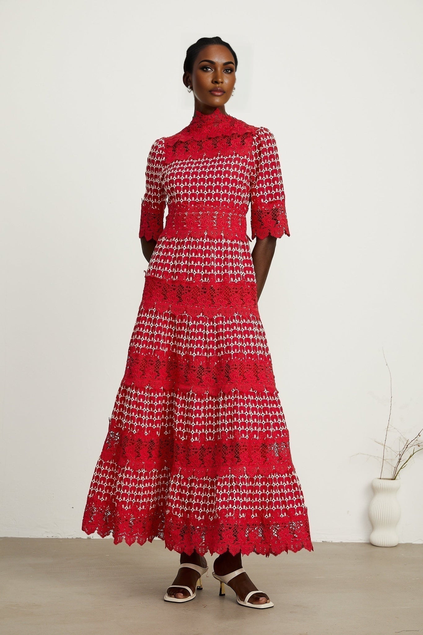 Caitlin Maxi Dress - Medium Size - Mock Neck Design - Short Sleeves - Scallop Pattern with Lace Panel Detail