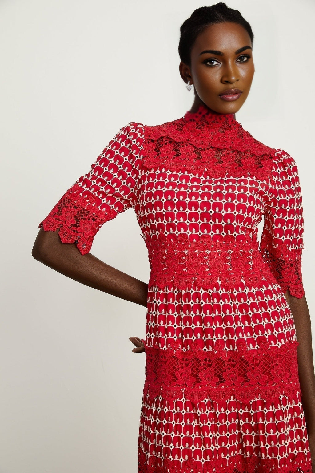 Caitlin Maxi Dress - Medium Size - Mock Neck Design - Short Sleeves - Scallop Pattern with Lace Panel Detail