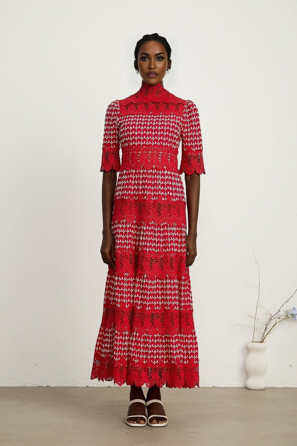 Caitlin Maxi Dress - Medium Size - Mock Neck Design - Short Sleeves - Scallop Pattern with Lace Panel Detail