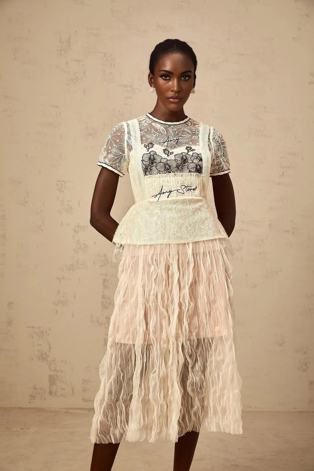 Caitlin Midi Dress Floral Embroidered Calf - Length White