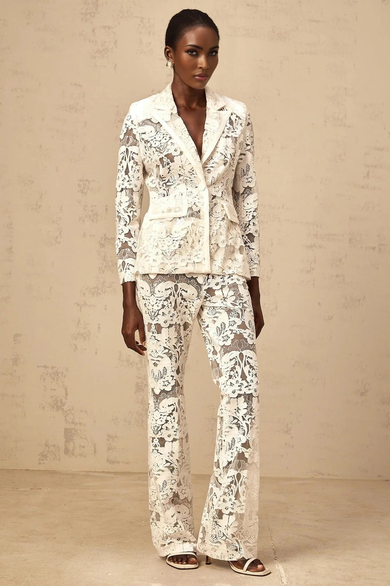 Caitlyn Blazer & Trousers Set White Sequined Flower - Embroidered