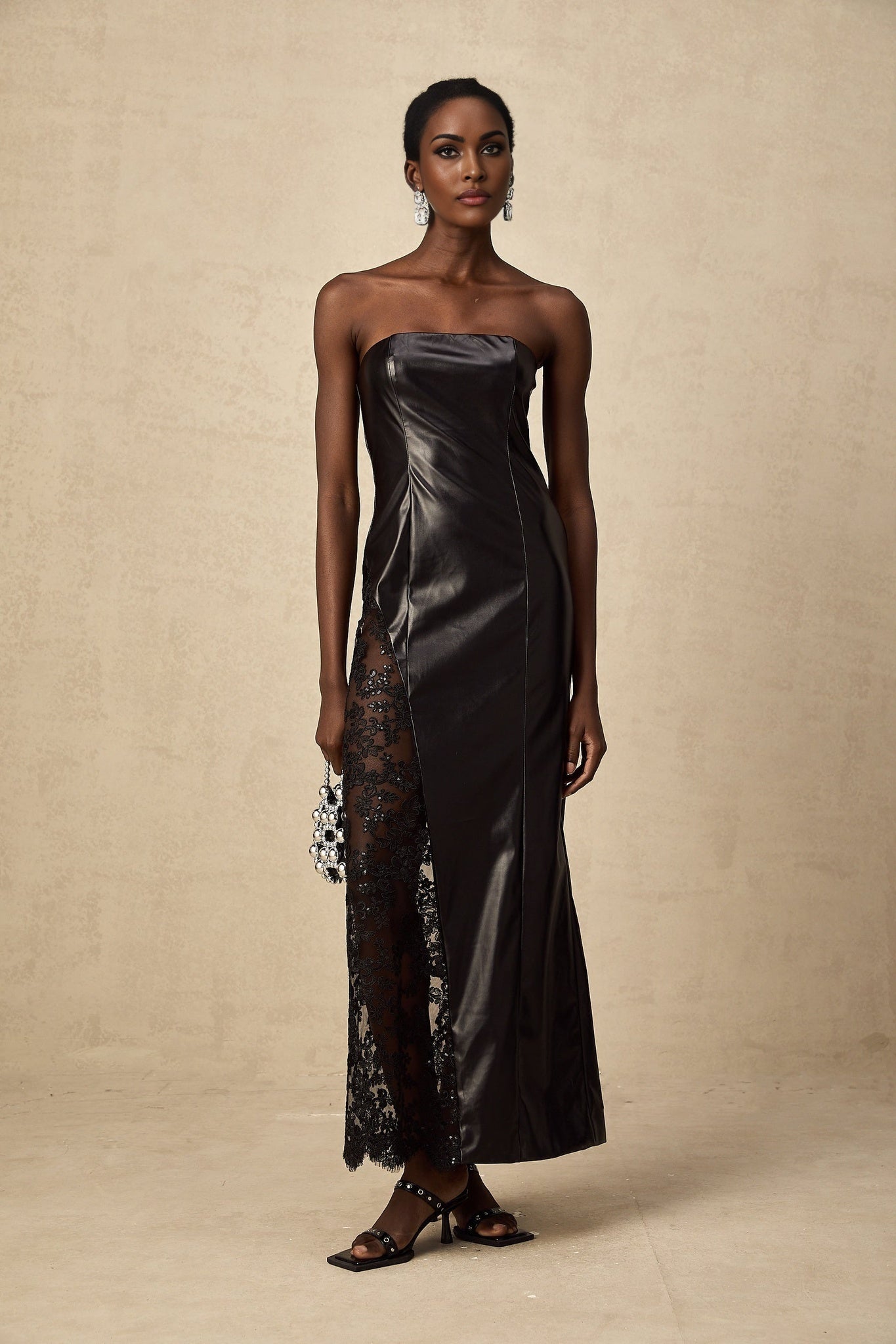 Caitlyn Maxi Dress - Strapless Style - Off the Shoulder Design - Floral Lace Paneling - Asymmetric Hem