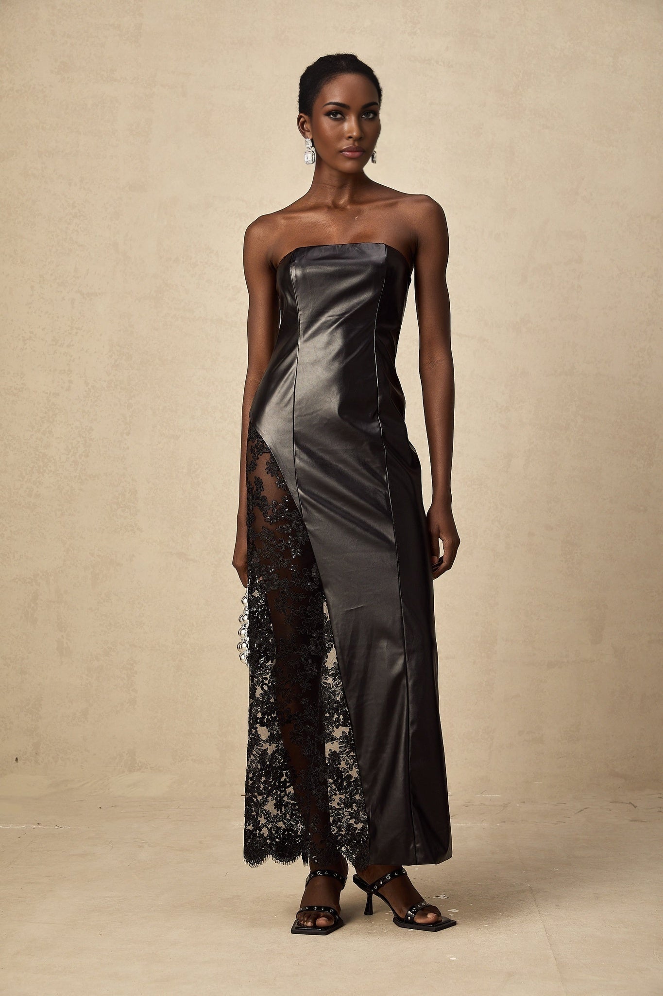 Caitlyn Maxi Dress - Strapless Style - Off the Shoulder Design - Floral Lace Paneling - Asymmetric Hem