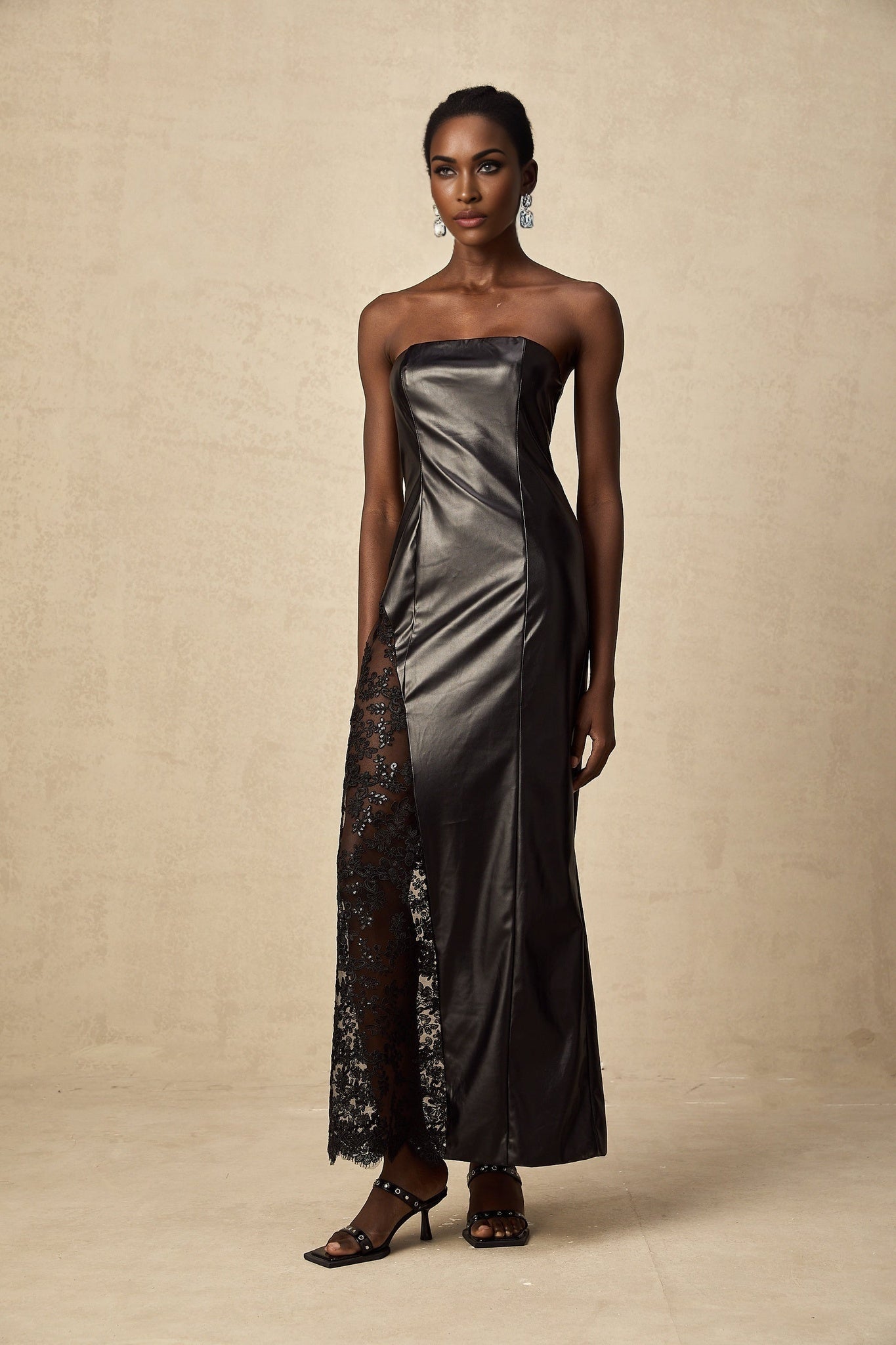 Caitlyn Maxi Dress - Strapless Style - Off the Shoulder Design - Floral Lace Paneling - Asymmetric Hem