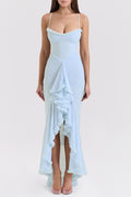 Caitlyn Maxi Dress - Sweetheart Neck with Ruched Detail - Spaghetti Straps - Front Slit and Ruffle Trim
