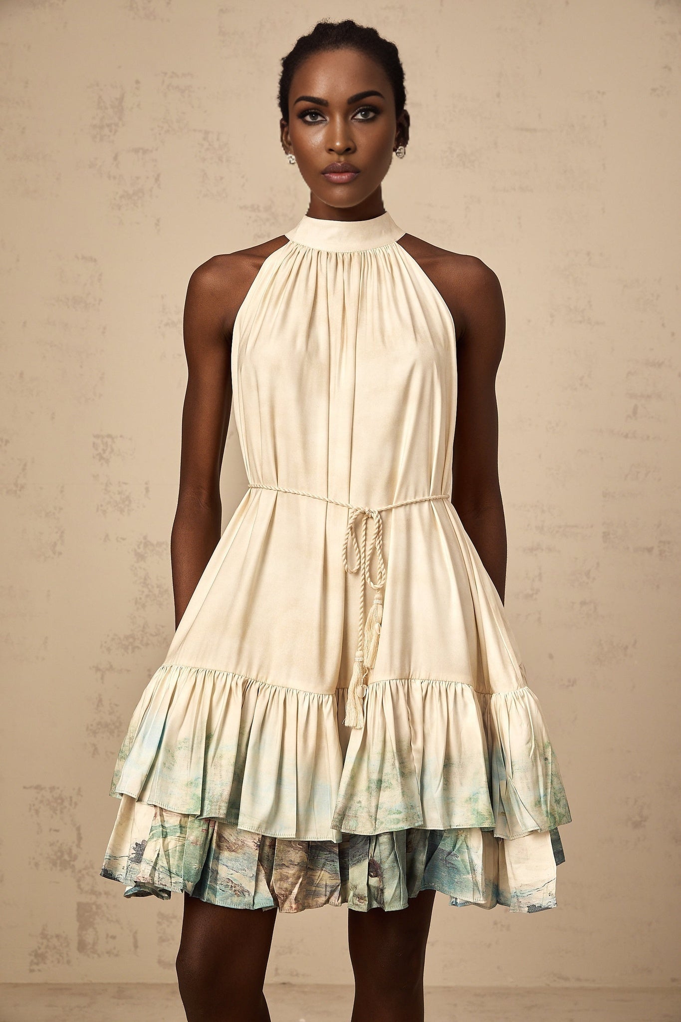 Caitlyn Mini Dress – Sleeveless – Tied Waist – Pattern Print