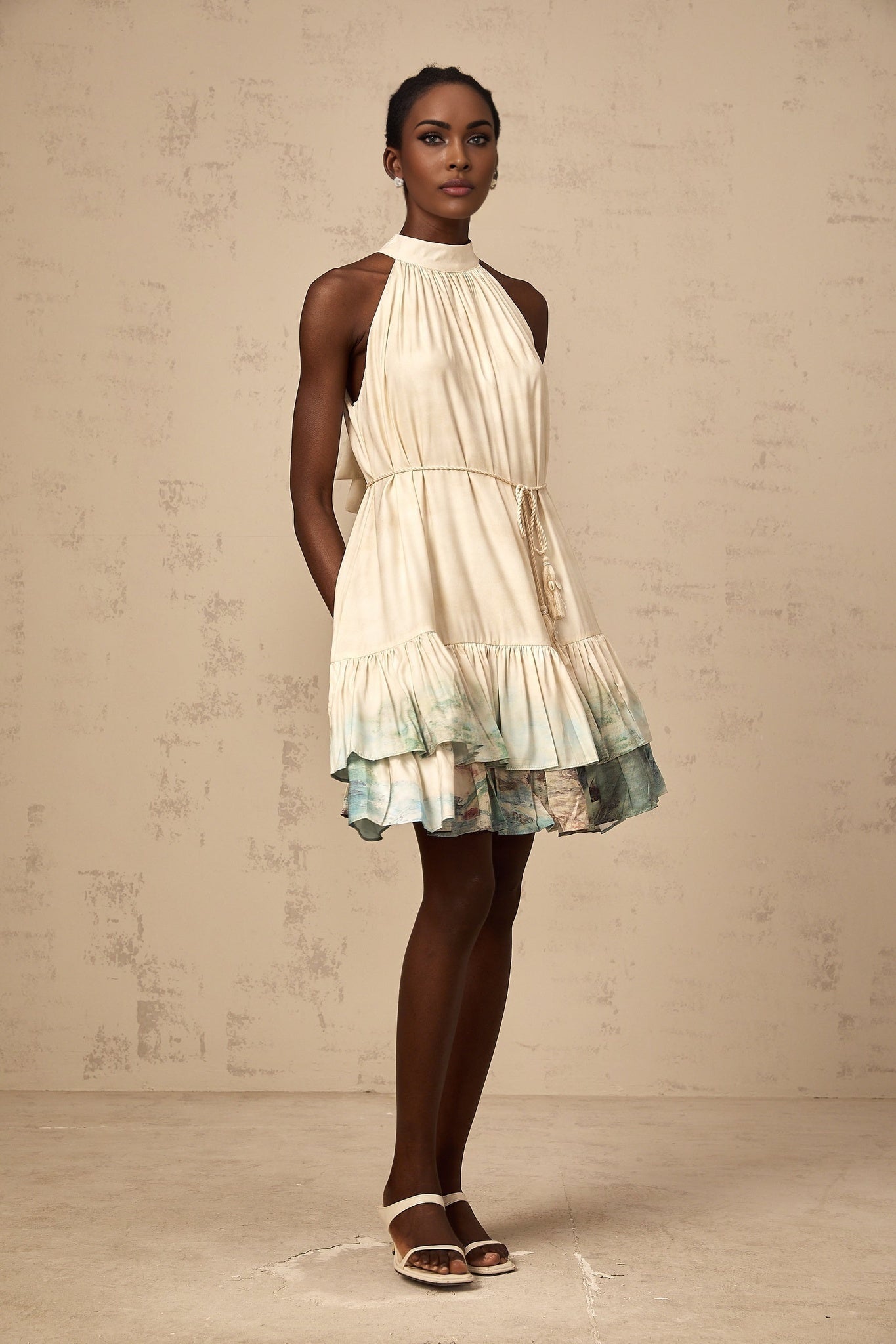 Caitlyn Mini Dress – Sleeveless – Tied Waist – Pattern Print