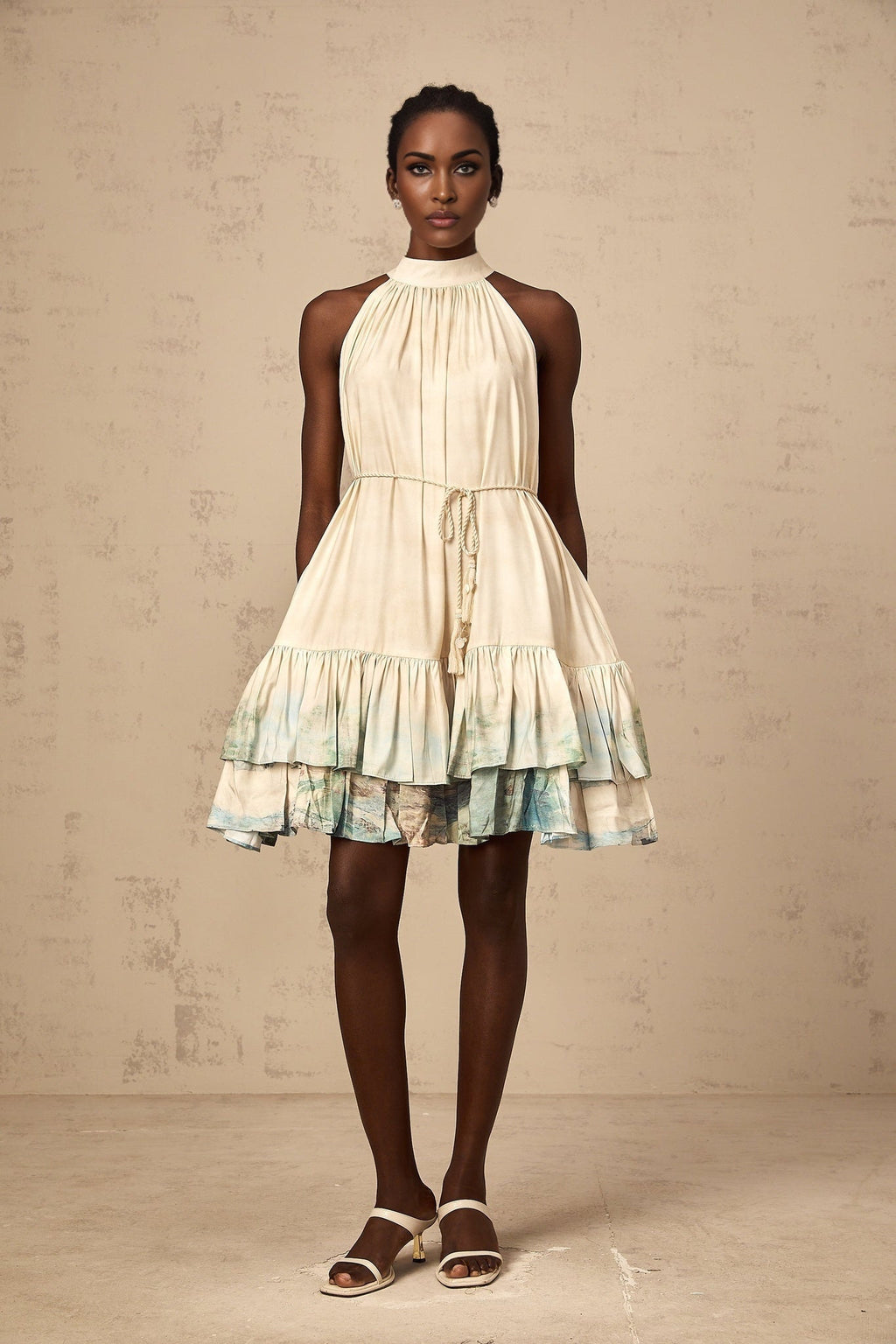 Caitlyn Mini Dress – Sleeveless – Tied Waist – Pattern Print