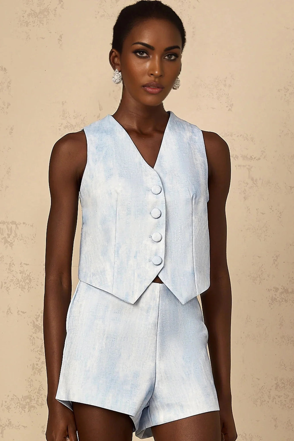 Caitlyn Top & Shorts Set with Button Detail in Blue