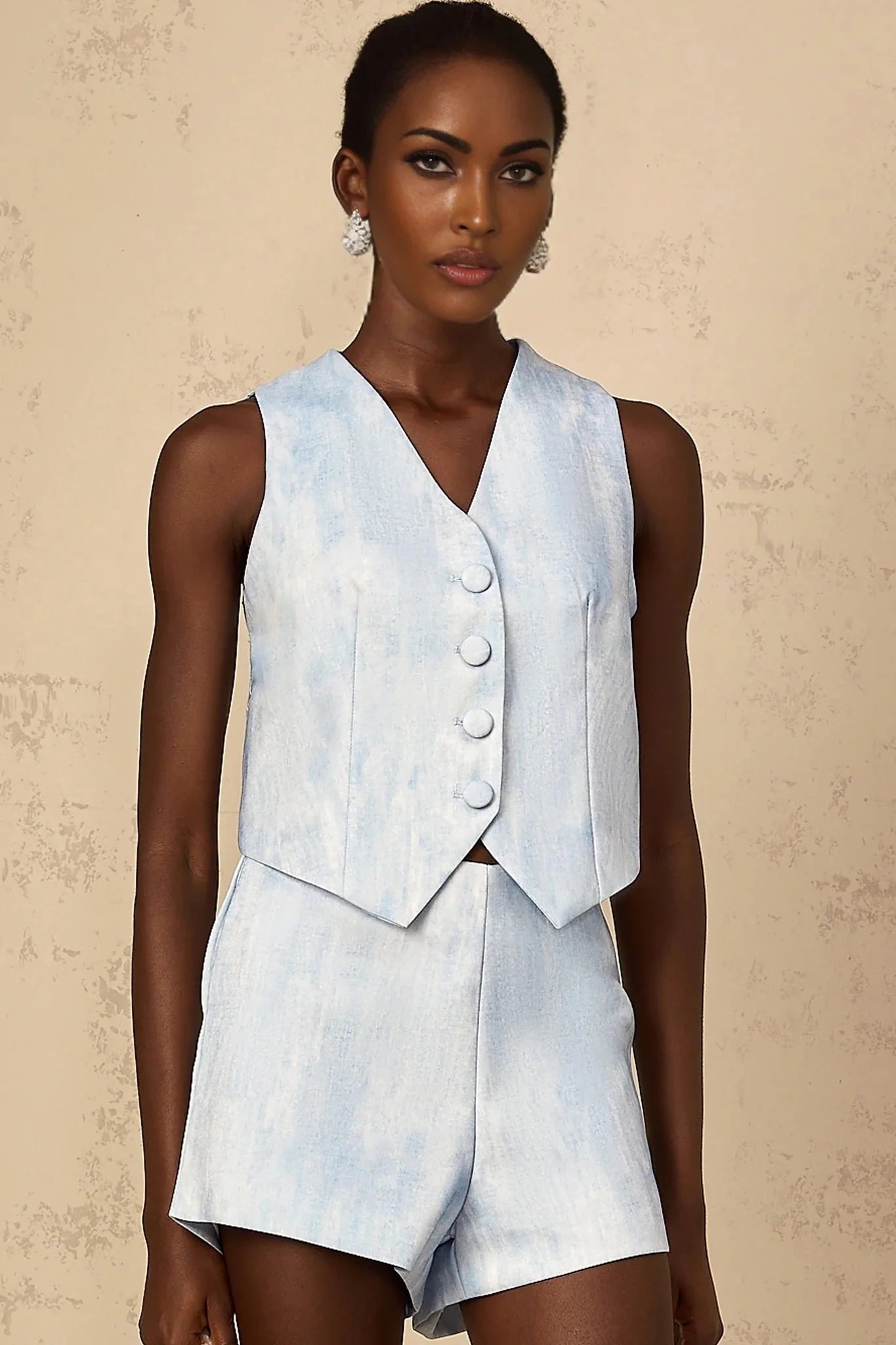 Caitlyn Top & Shorts Set with Button Detail in Blue