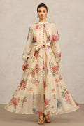 Callie Beige Floral Maxi Dress with Belt