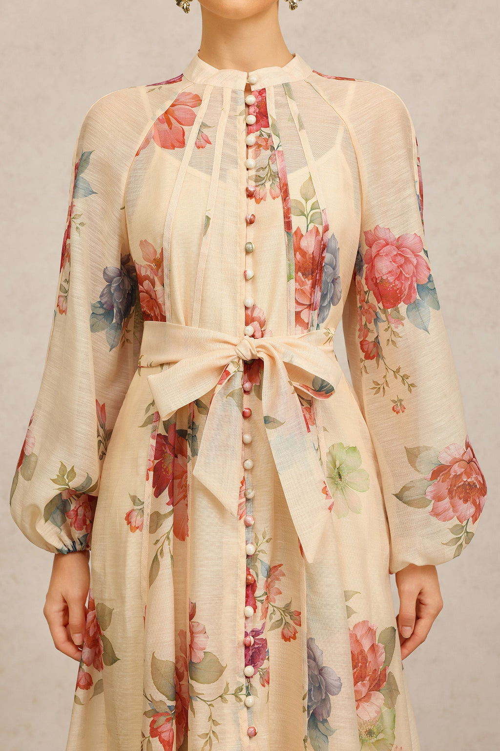 Callie Beige Floral Maxi Dress with Long Sleeves and Belt
