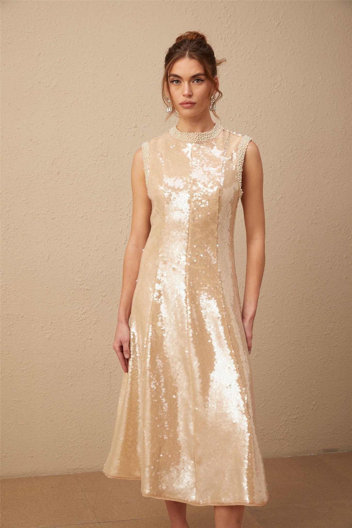 Callie Midi Dress – Crew Neck – Sequin Embellishment – Calf Length