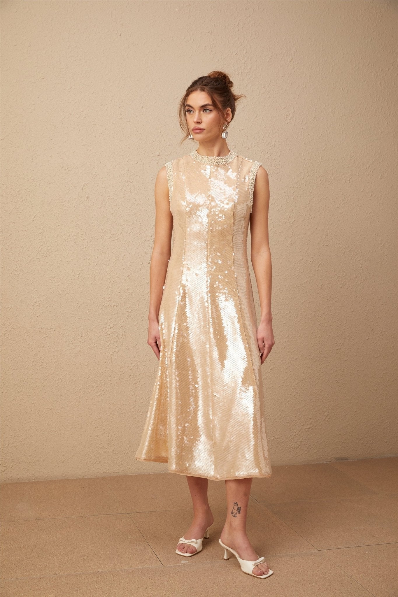 Callie Midi Dress – Crew Neck – Sequin Embellishment – Calf Length