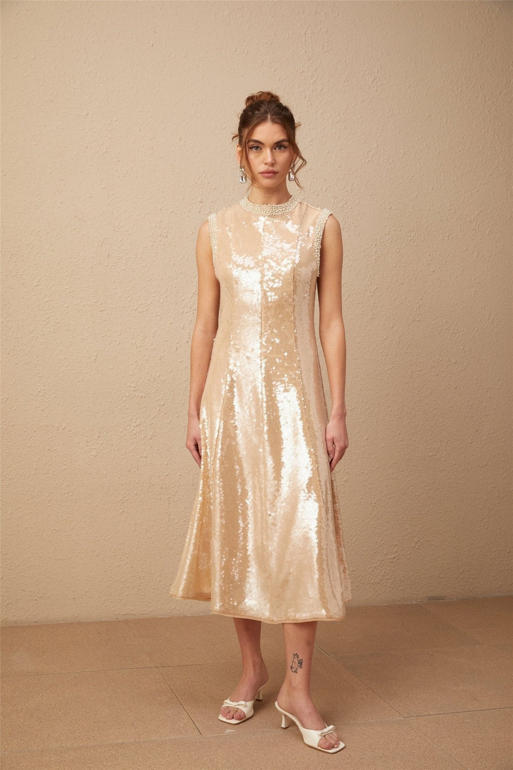 Callie Midi Dress – Crew Neck – Sequin Embellishment – Calf Length