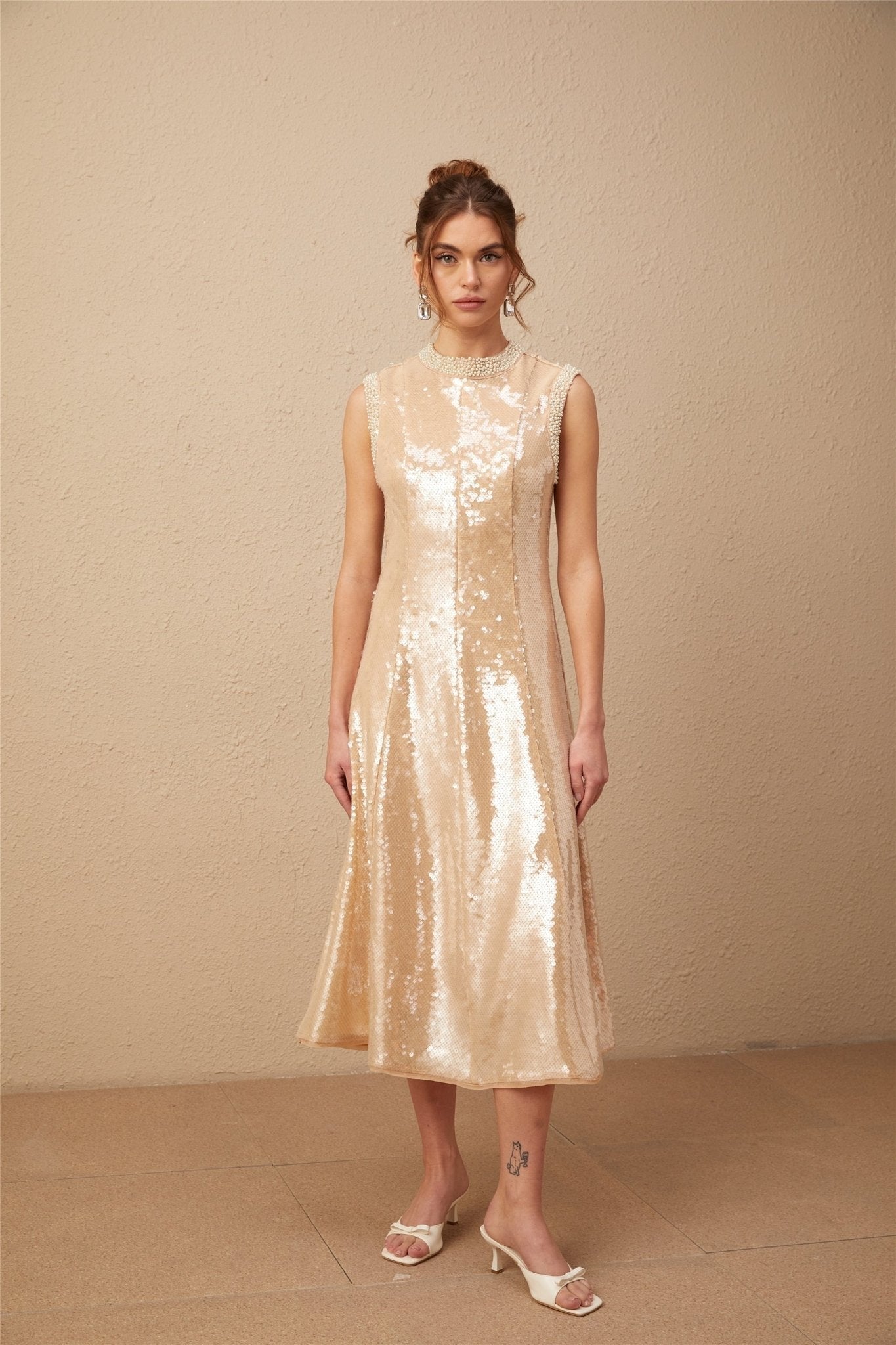 Callie Midi Dress – Crew Neck – Sequin Embellishment – Calf Length