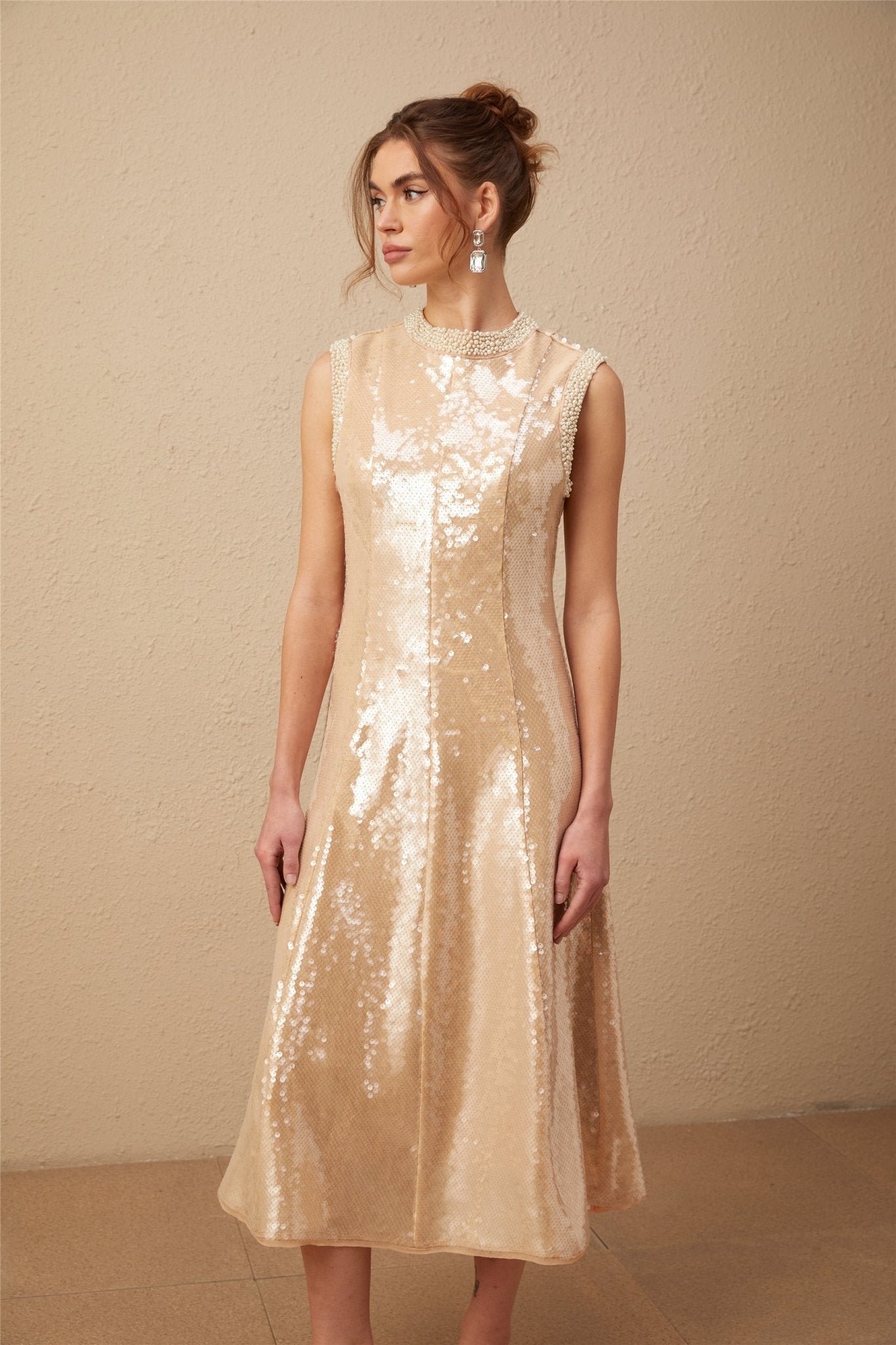 Callie Midi Dress – Crew Neck – Sequin Embellishment – Calf Length