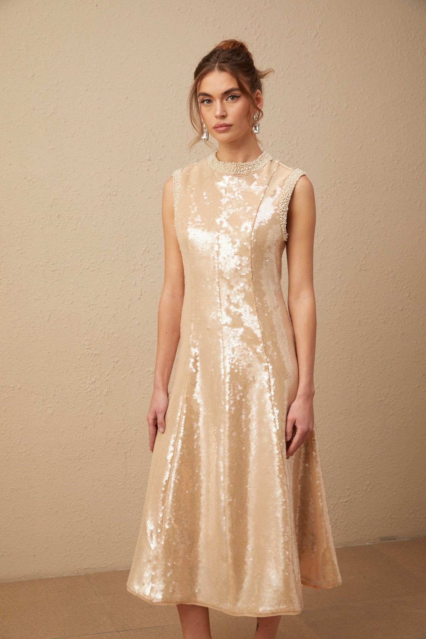 Callie Midi Dress – Crew Neck – Sequin Embellishment – Calf Length