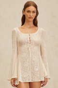 Callie Mini Dress - Scoop Neck - Long Sleeves - Floral Jacquard - Flared Skirt - Crochet Knit