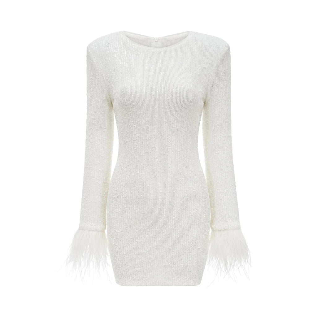 Callie Round Neck Mini Dress – Feather Cuffs – Sequin Embellished – Long Sleeves – Tailored Fit