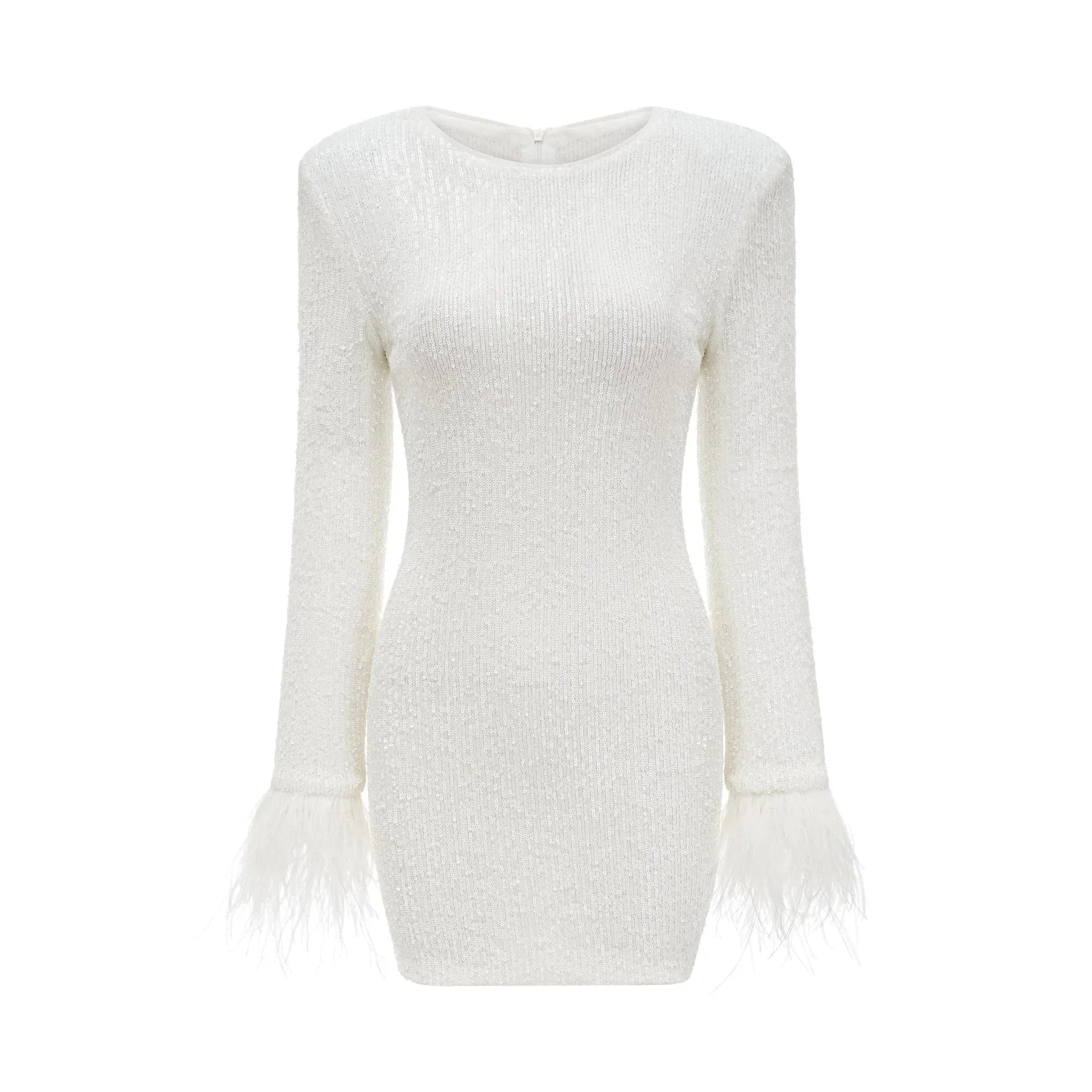 Callie Round Neck Mini Dress – Feather Cuffs – Sequin Embellished – Long Sleeves – Tailored Fit
