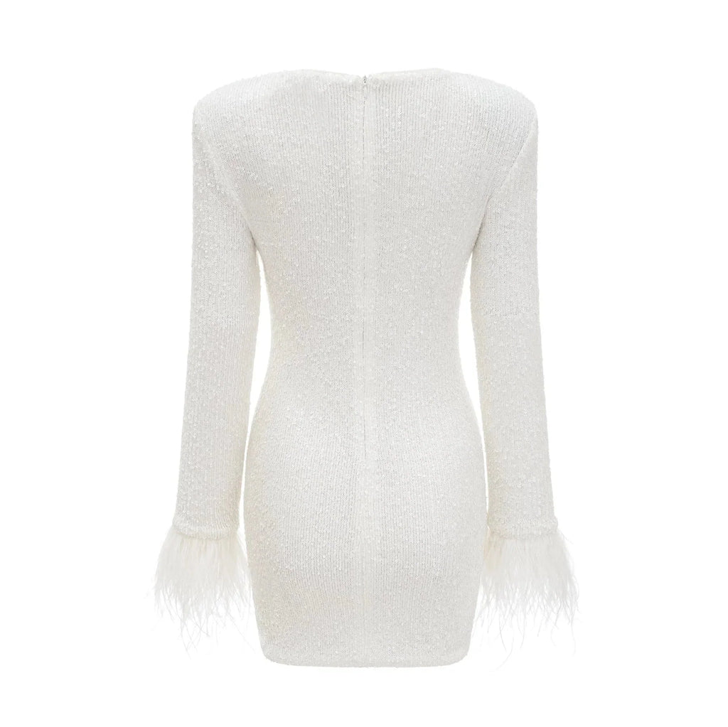 Callie Round Neck Mini Dress – Feather Cuffs – Sequin Embellished – Long Sleeves – Tailored Fit