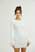 Callie Round Neck Mini Dress – Feather Cuffs – Sequin Embellished – Long Sleeves – Tailored Fit