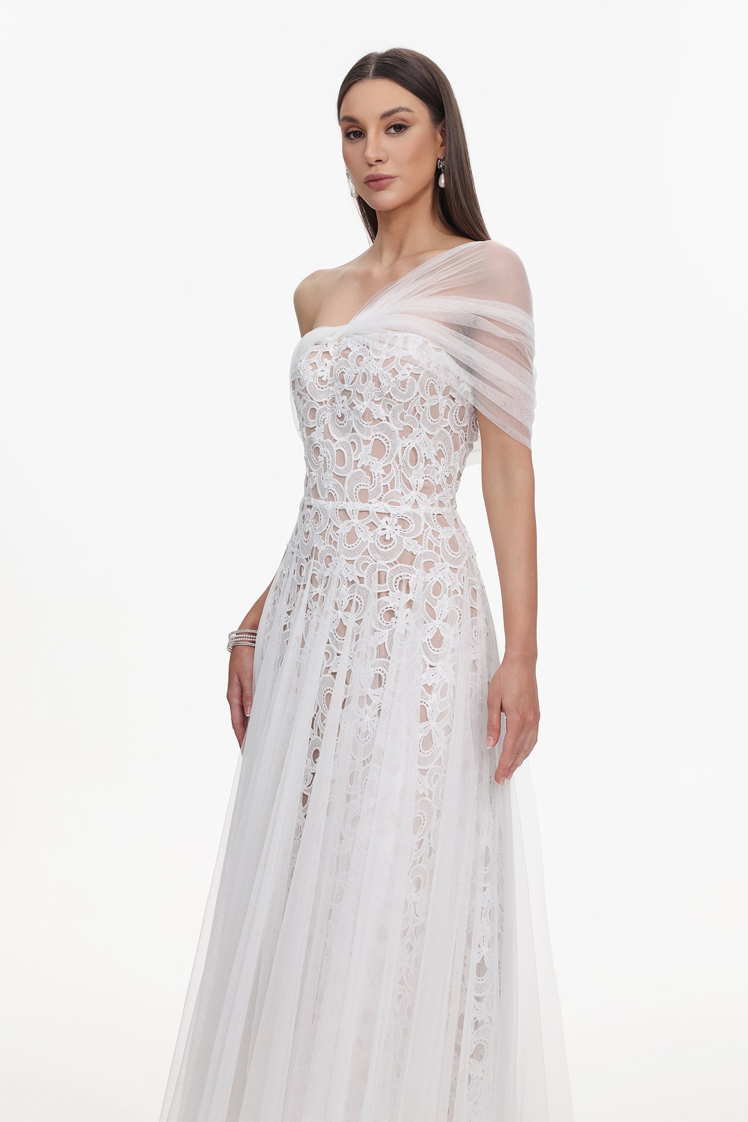 Callie White Lace Off-Shoulder Maxi Dress for Weddings and Formal Events