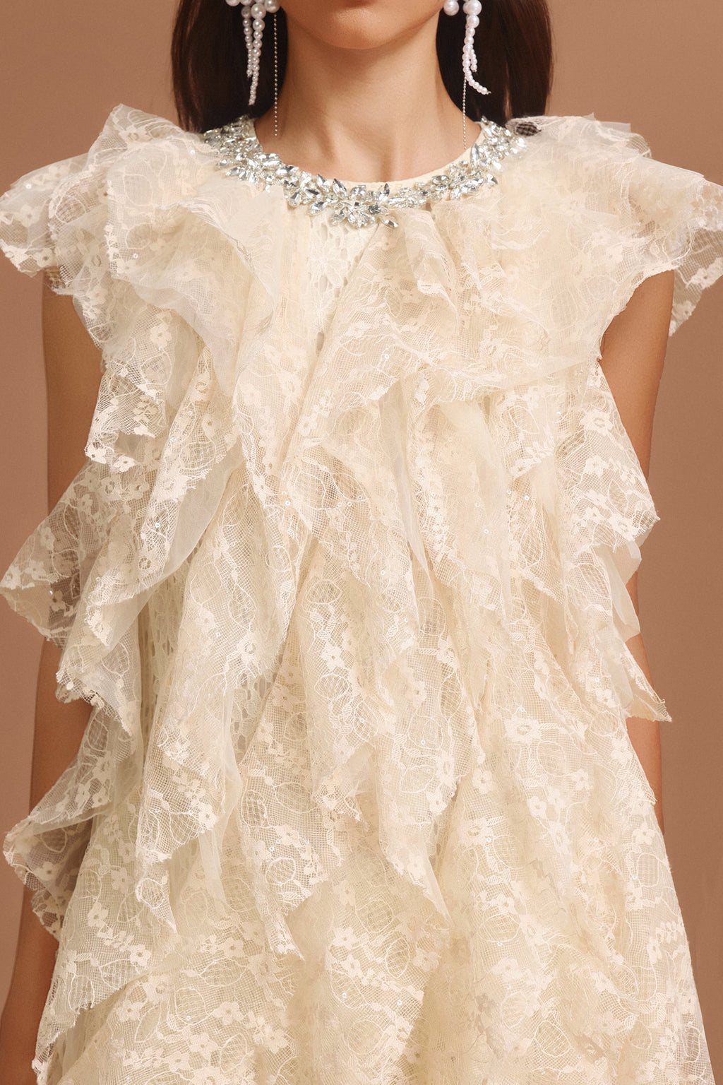 Camila Beige Lace Ruffled Tiered Mini Dress with Diamond Detailing