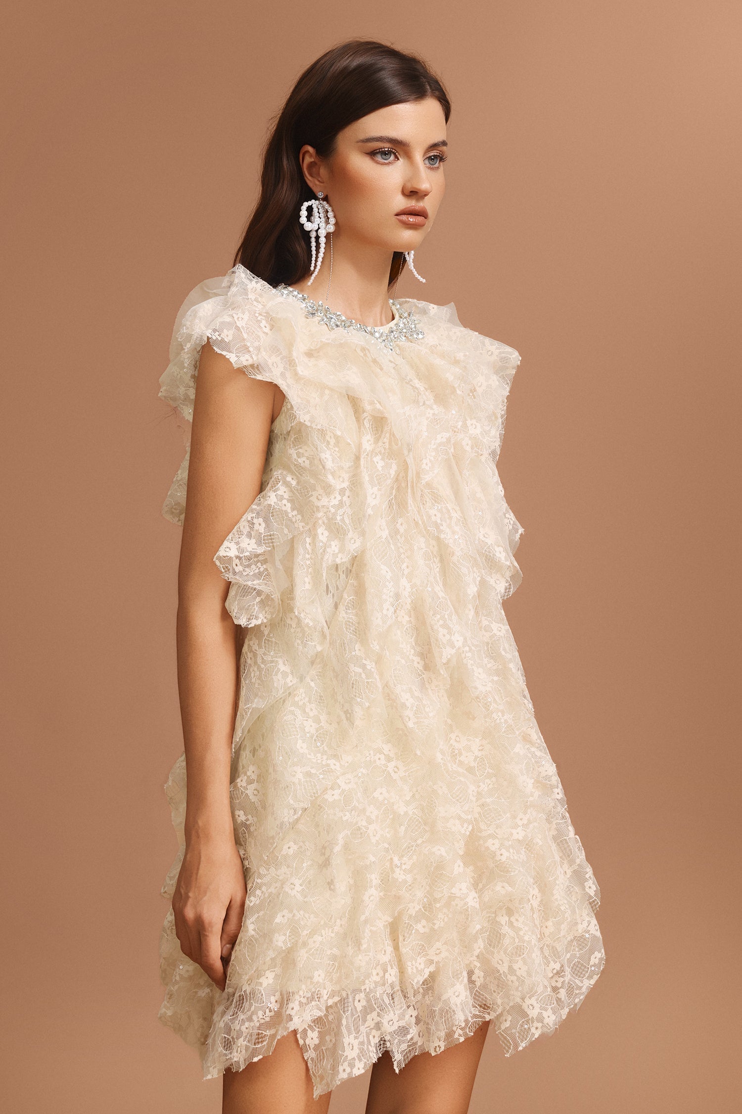 Camila Beige Lace Ruffled Tiered Mini Dress with Diamond Detailing