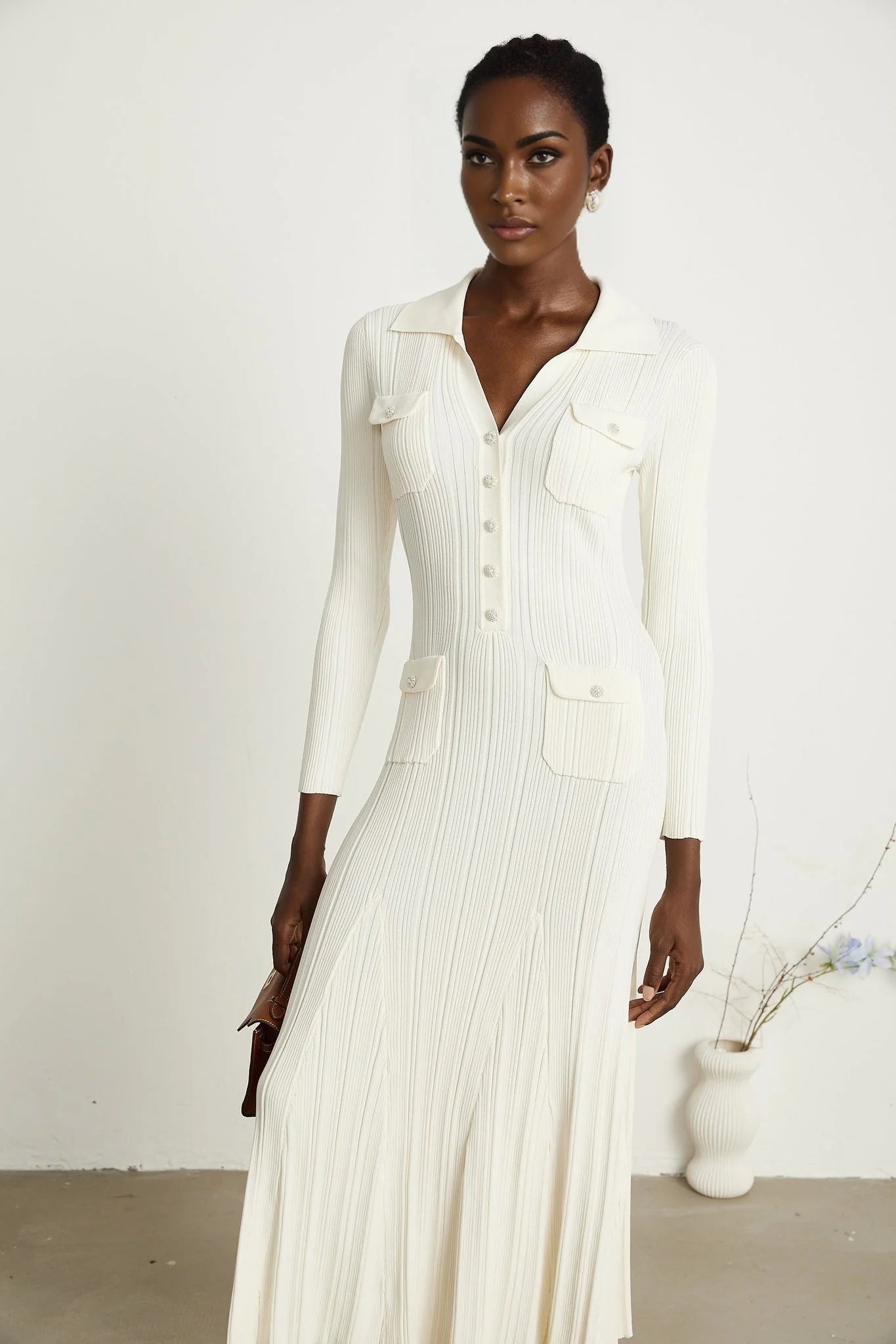 Camila Midi Dress - Ribbed Knit - Lapels and Pockets - Mermaid Hem Design