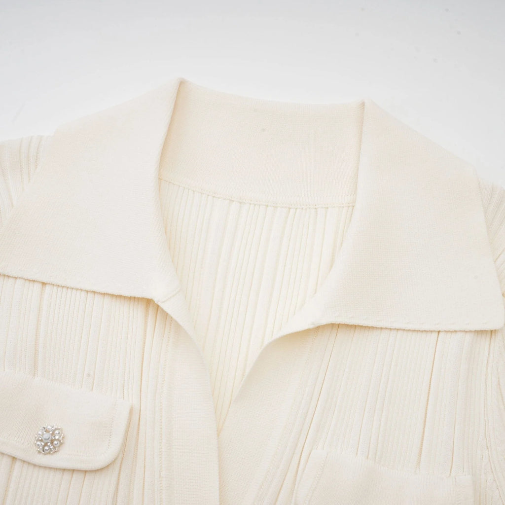 Camila Midi Dress - Ribbed Knit - Lapels and Pockets - Mermaid Hem Design