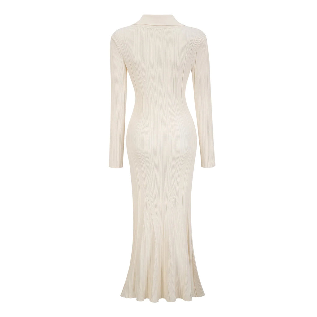 Camila Midi Dress - Ribbed Knit - Lapels and Pockets - Mermaid Hem Design