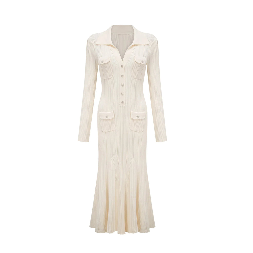 Camila Midi Dress - Ribbed Knit - Lapels and Pockets - Mermaid Hem Design