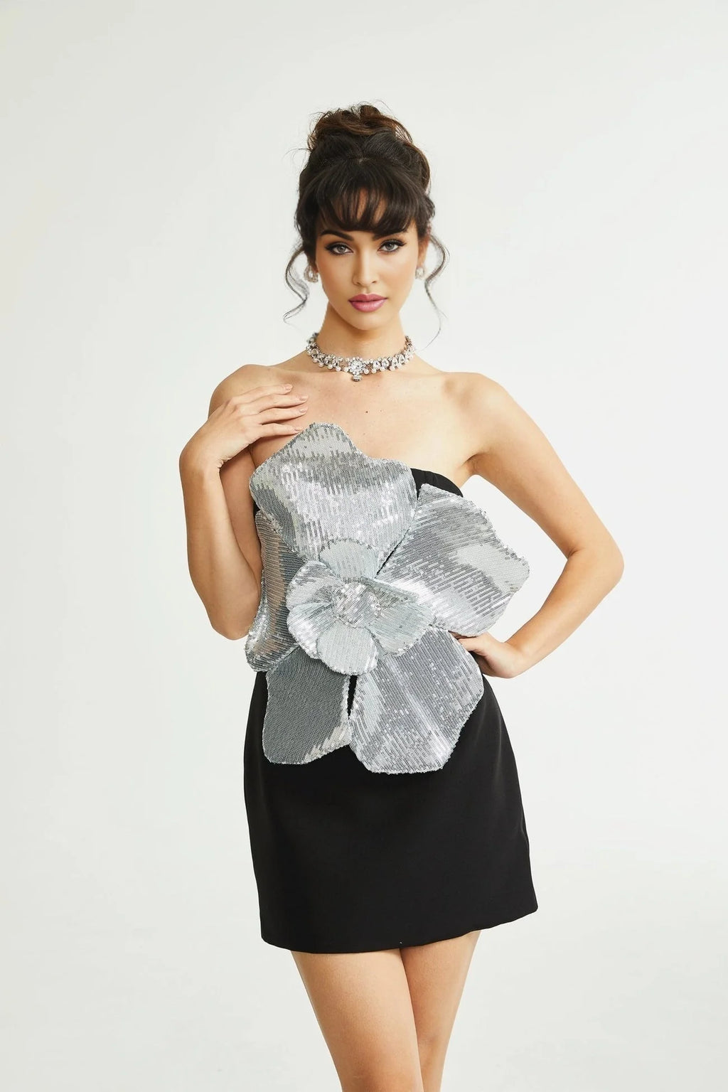 Camila Mini Dress - Sleeveless Off the Shoulder Sequin Embellished Faux - Flower Accent