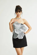 Camila Mini Dress - Sleeveless Off the Shoulder Sequin Embellished Faux - Flower Accent