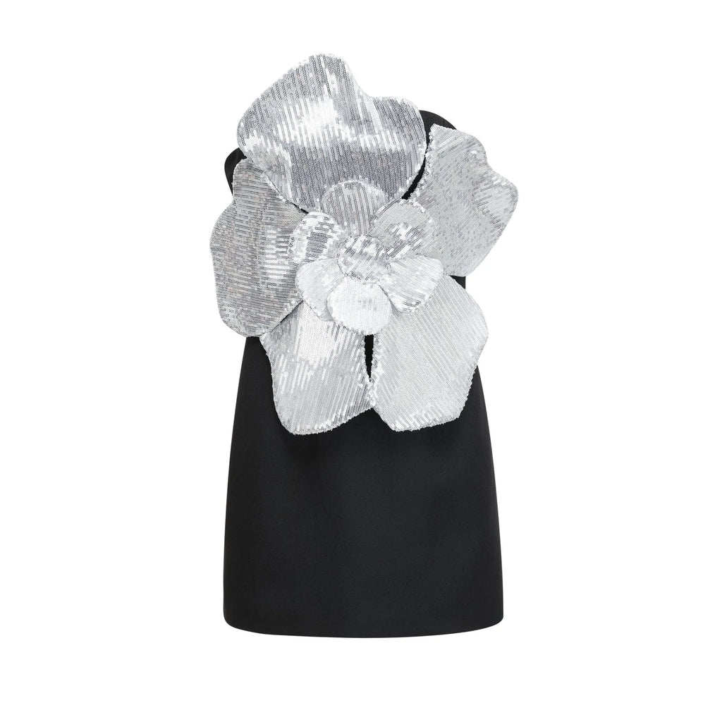 Camila Mini Dress - Sleeveless Off the Shoulder Sequin Embellished Faux - Flower Accent