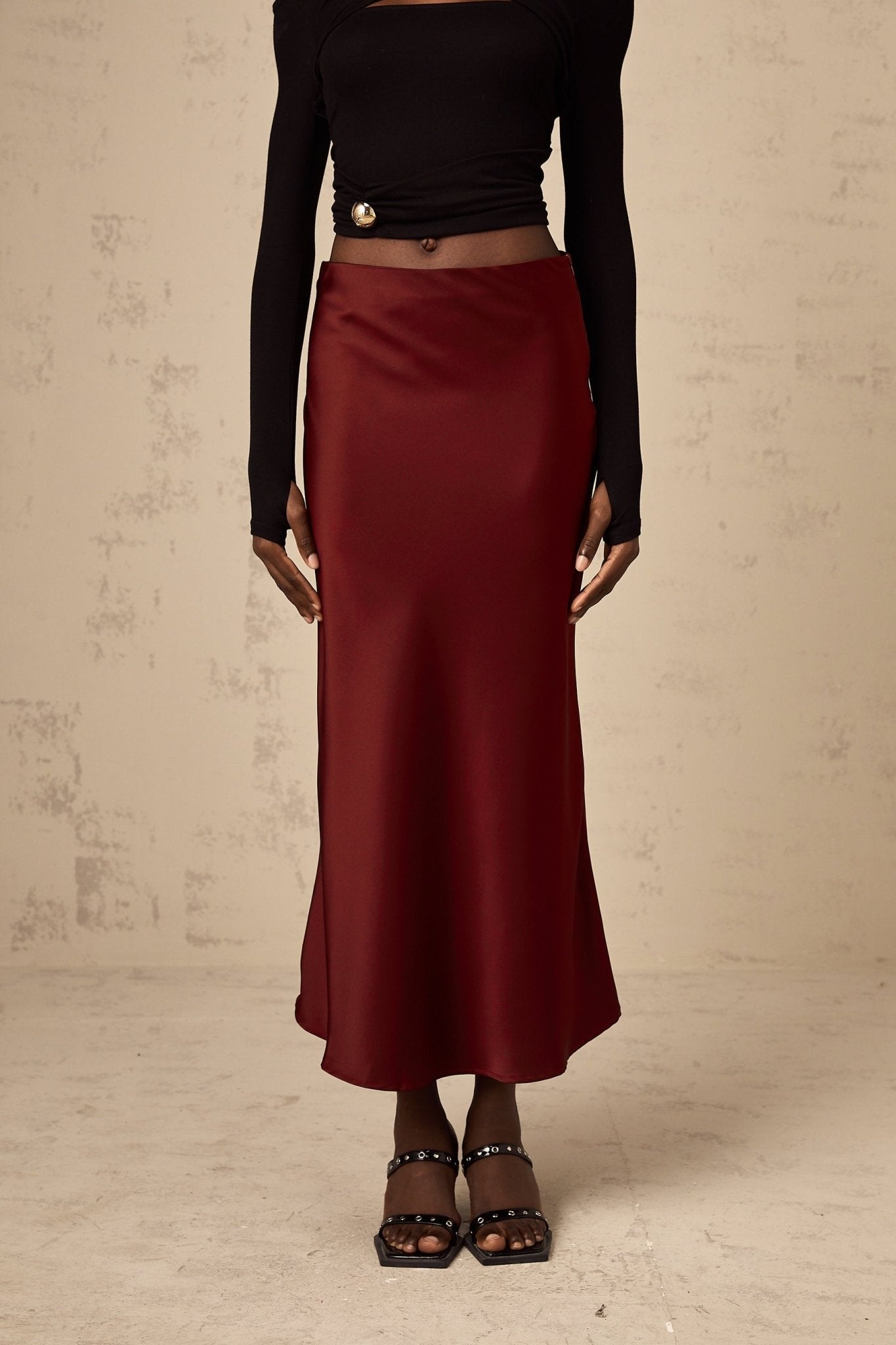 Camilla Flared Hem Skirt - Satin Finish - Twill Weave - Side Zip Fastening - Calf Length
