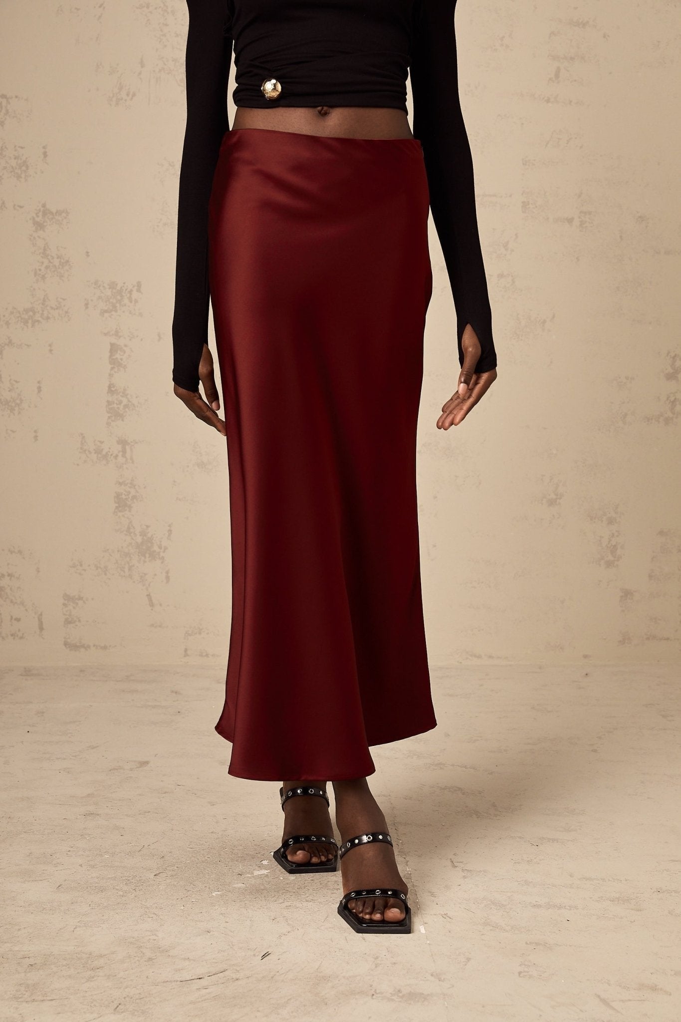 Camilla Flared Hem Skirt - Satin Finish - Twill Weave - Side Zip Fastening - Calf Length