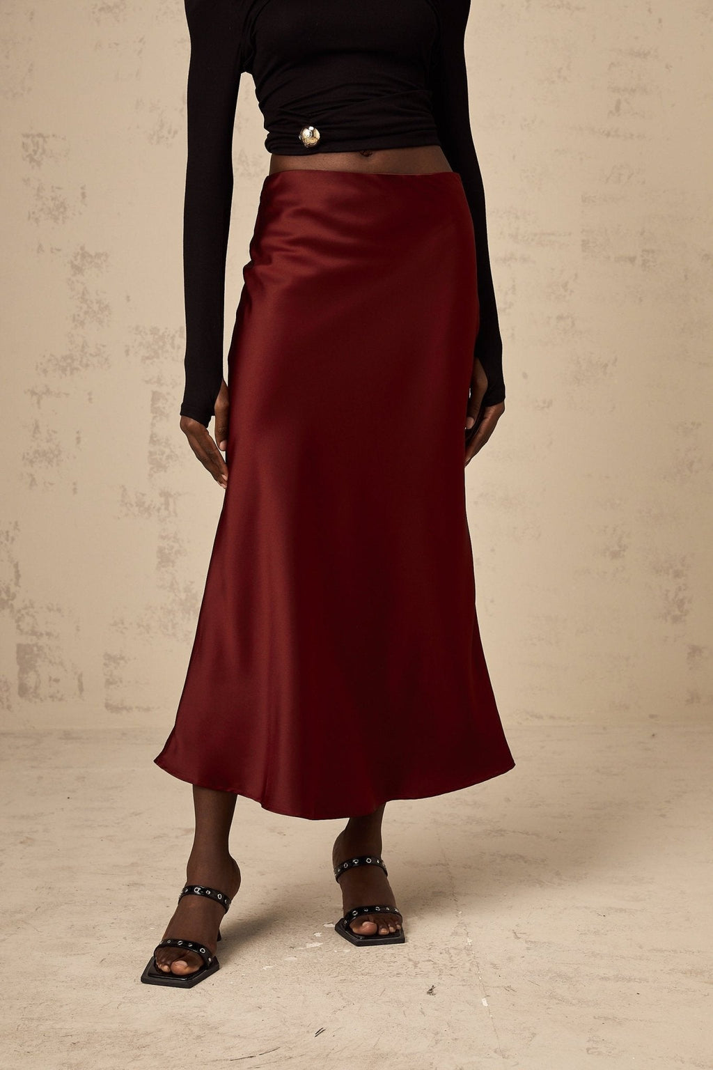 Camilla Flared Hem Skirt - Satin Finish - Twill Weave - Side Zip Fastening - Calf Length
