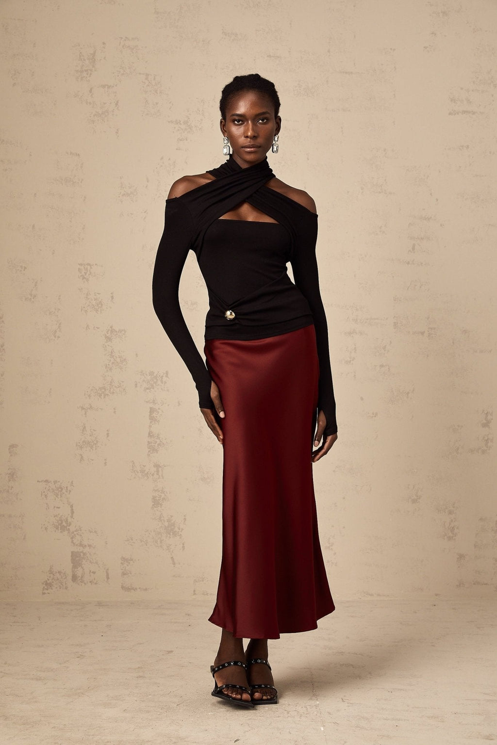 Camilla Flared Hem Skirt - Satin Finish - Twill Weave - Side Zip Fastening - Calf Length
