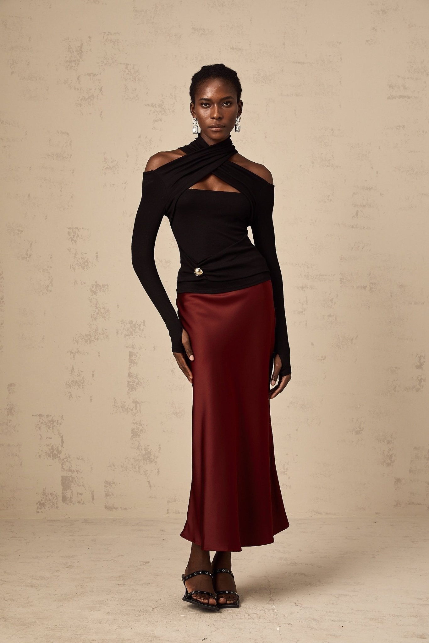 Camilla Flared Hem Skirt - Satin Finish - Twill Weave - Side Zip Fastening - Calf Length