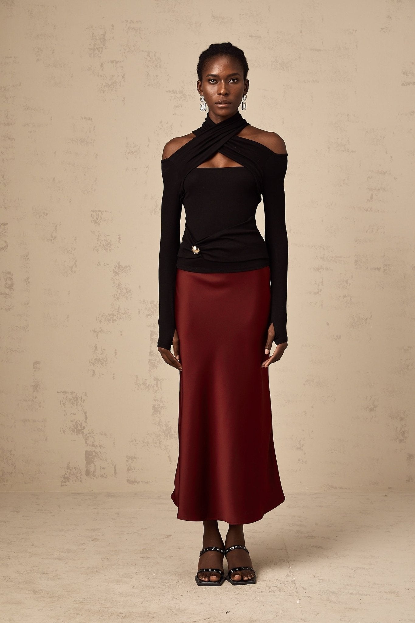 Camilla Flared Hem Skirt - Satin Finish - Twill Weave - Side Zip Fastening - Calf Length
