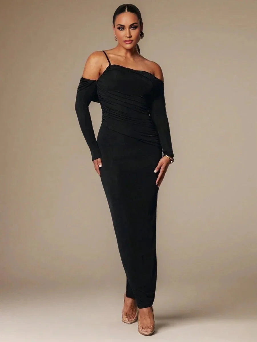 Camilla Maxi Dress - Refined Style - Slim Fit - Long Sleeve - High Stretch Fabric Elasticity - Asymmetrical, Ruched, Split