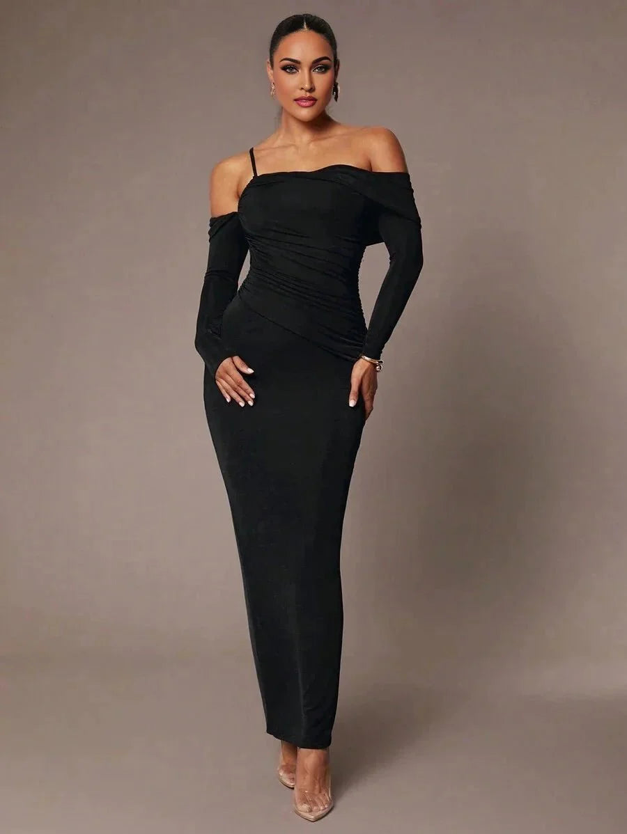 Camilla Maxi Dress - Refined Style - Slim Fit - Long Sleeve - High Stretch Fabric Elasticity - Asymmetrical, Ruched, Split