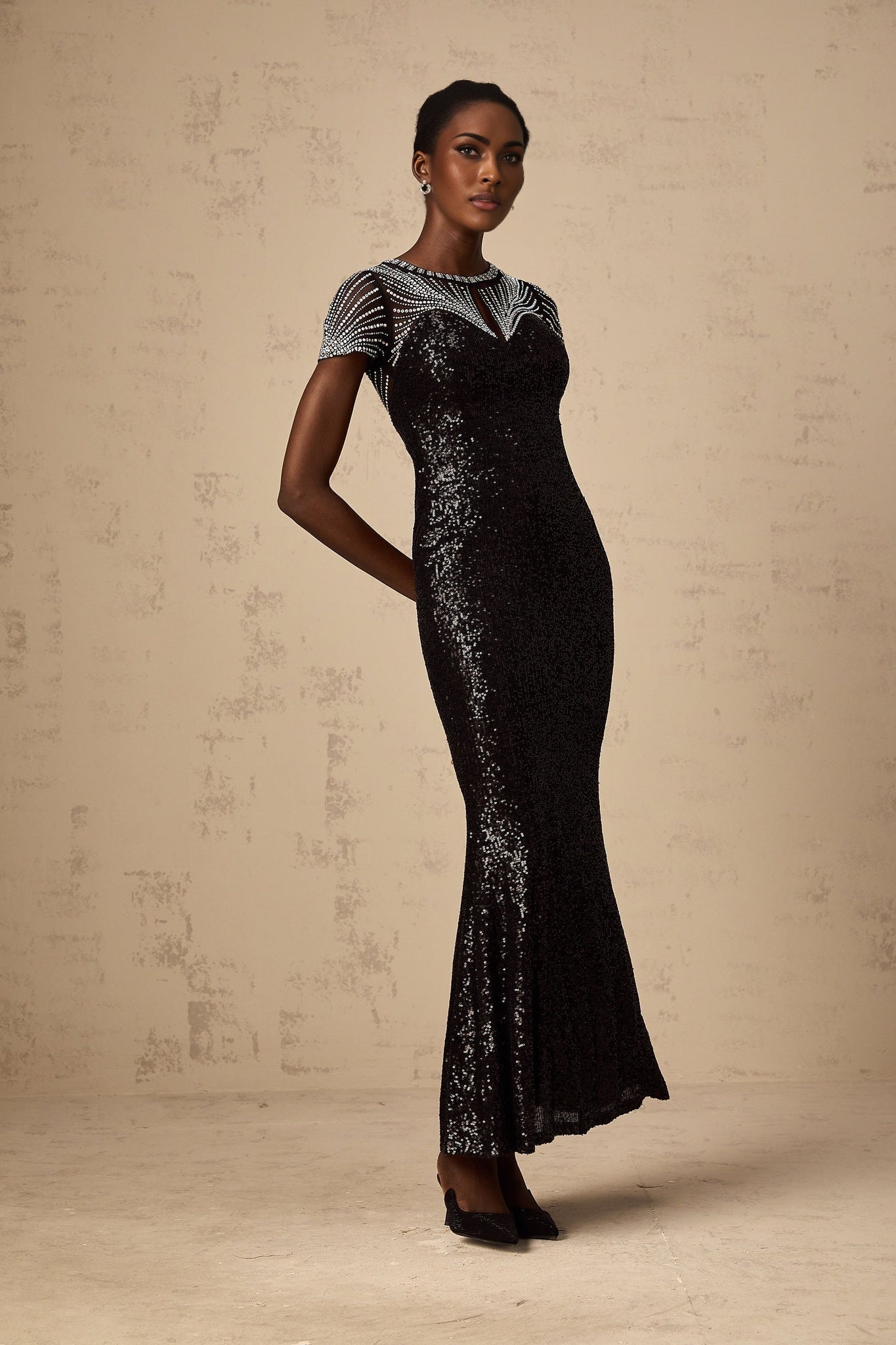 Camilla Maxi Dress - Round Neck Design - Short Sleeves - Sequin and Stud Embellished - Cut - out Details